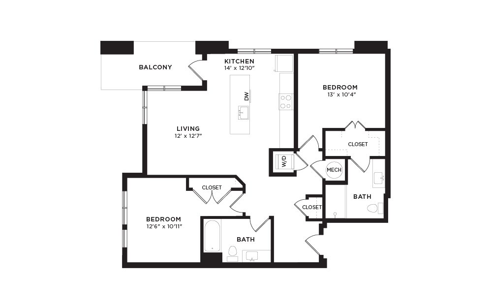 Aerial - 2 bedroom floorplan layout with 2 bathrooms and 1121 square feet