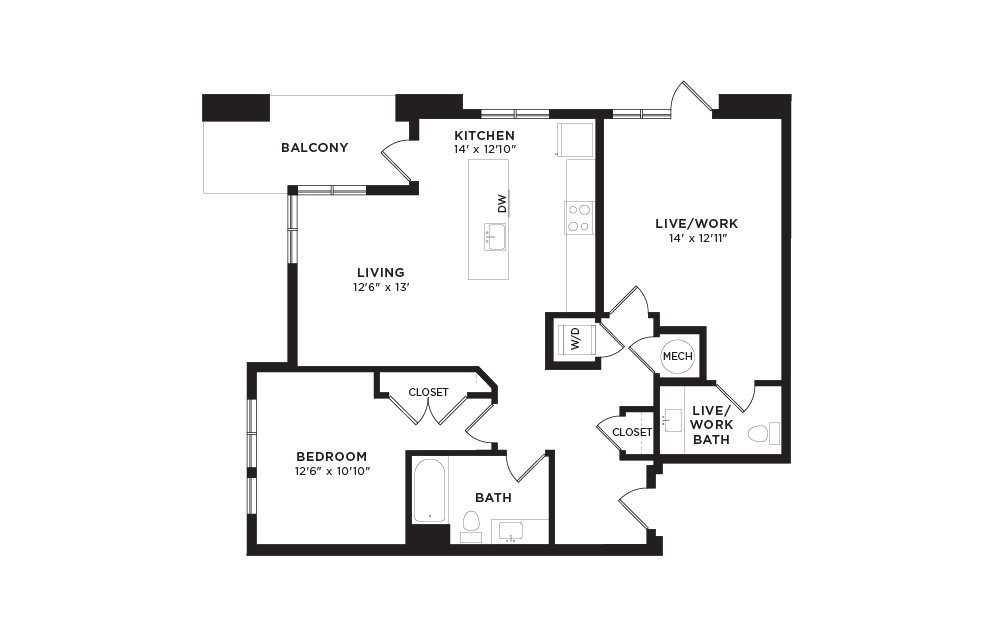 180 - Live/Work - 1 bedroom floorplan layout with 1.5 bathroom and 1121 square feet